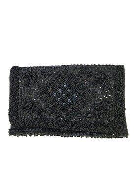 Vtg Bon Soir Black Beaded Evening Bag Clutch Hong Kong Italian Beads Flap Snap
